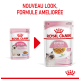 Image de deux sachets de nourriture pour chatons Royal Canin, présentant un nouveau look et une formule améliorée. Le texte indique "NOUVEAU LOOK, FORMULE AMÉLIORÉE."