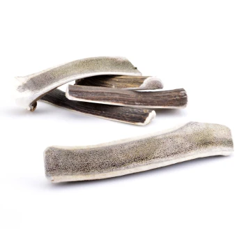 Eine Sammlung natürlicher Hundekauknochen, die in Form und Größe variieren, mit einer strukturierten Oberfläche und einer Mischung aus hellen und dunklen Farben.