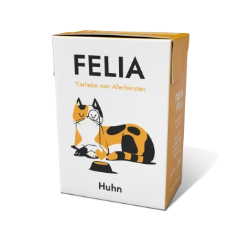 Kartons mit Katzenfutter, beschriftet mit "FELIA", mit einer verspielten Illustration einer Katze, die aus einer Schüssel frisst, mit dem Wort "Huhn" (chicken) deutlich sichtbar.