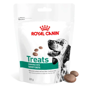 Snacks Adult, Satiety Royal Canin Hundeleckerlipackung mit einer schwarz-weißen Hundillustration, beschriftet mit 'Leckerlis' und 'Kompatibel mit Sättigungsdiäten', 230g.