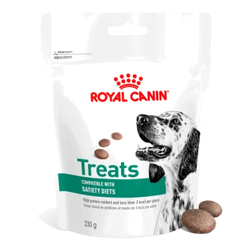 Emballage de friandises pour chiens Royal Canin présentant une illustration de chien noir et blanc, étiqueté "Friandises" et "Compatible avec les régimes de satiété," 230g.
