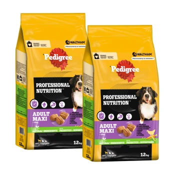 Deux sacs de nourriture pour chiens Pedigree Professional Nutrition, étiquetés "Adult Maxi," chacun pesant 12 kg, avec une image de chien et des allégations nutritionnelles.
