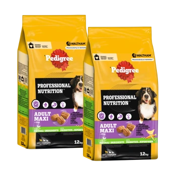 Zwei Säcke Pedigree Professional Nutrition Hundefutter, beschriftet mit "Adult Maxi," jeweils 12 kg schwer, mit einem Hundebild und Nährwertangaben.