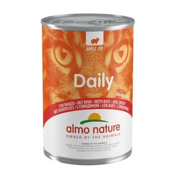 Dosenkatzenfutter "Daily" von Almo Nature, mit einem leuchtend orangefarbenen Design, das das Gesicht einer Katze und die Etiketten "Getreidefrei" und "Mit Rind" zeigt.