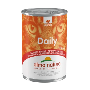 Dosenkatzenfutter "Daily" von Almo Nature, mit einem leuchtend orangefarbenen Design, das das Gesicht einer Katze und die Etiketten "Getreidefrei" und "Mit Rind" zeigt.