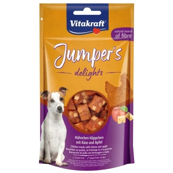 Verpackung von Vitakraft Jumper's Delights Hundesnacks mit Hühnchen, Käse und Apfel, gekennzeichnet als getreidefrei und zuckerfrei.