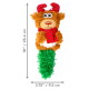 Plush reindeer dog toy with red polka dot antlers and scarf, green textured bottom, 10" x 3.75" size shown.