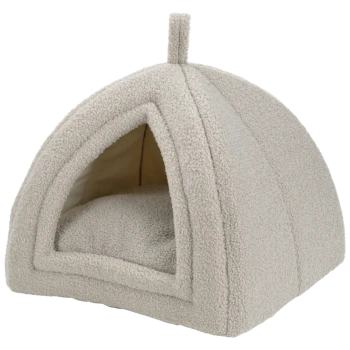 Beige weiches Fleece-Haustierhöhlenbett mit dreieckigem Eingang und gepolstertem Innenraum.