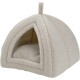 Beige weiches Fleece-Haustierhöhlenbett mit dreieckigem Eingang und gepolstertem Innenraum.