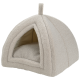 Beige weiches Fleece-Haustierhöhlenbett mit dreieckigem Eingang und gepolstertem Innenraum.