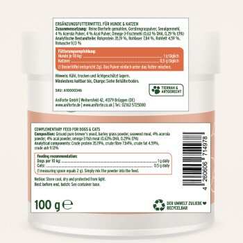 100 g Nahrungsergänzungsetikett: Ergänzungsfuttermittel für Hunde & Katzen; Fütterung 1 g/Tag Hunde, 0,5 g/Tag Katzen; Barcode, Recycling-Symbol.