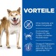Ein lächelnder Shiba Inu steht neben einem blauen Panel, das Vorteile auflistet: "Keine Körner/Gluten", "Hochwertiges Protein" und "Omega-6 & Vitamin E."