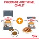Emballage de nourriture pour chat Royal Canin Hair & Skin avec des croquettes et de la nourriture humide sur une assiette, présentant "RÉSULTATS PROUVÉS" et "90% des protéines provenant du poulet."