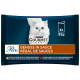 Verpackung von Purina Gourmet Katzenfutter mit einer weißen Katze, mit "Genuss in Sauce" und "Régal de Sauces" für Huhn- und Rindfleischgeschmack.