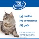 Chat tigré gris allongé à côté d'un texte en français : « 100 % satisfaction garantie ou remboursé », avec contrôle de la qualité, de la constance et du goût.