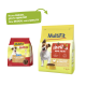 Zwei MultiFit Hundefutterpakete: ein rotes "mellos ADULT MINI" und ein gelbes "mellos MINI ADULT", beide mit "Neues DESIGN, gleiche QUALITÄT."