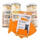 Katzensnacks und eine orangefarbene LickiMat. Drei "SmoothieCat"-Flaschen mit Fisch-, Huhn- und Entengeschmack für eine bereicherte Fütterung.