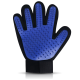 Blaue Haustierpflegehandschuh mit strukturiertem Gummibereich und schwarzem Handgelenkband, entworfen für effektive Fellentfernung.
