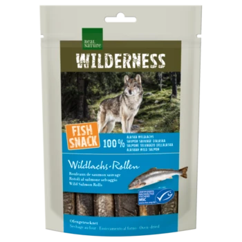 Package of Real Nature Wilderness Fish Snack featuring a wolf in a forest background, labeled "100% Alaska Wild Salmon Rolls."