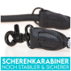 Schwarzer Haustierleinenclip mit robustem Design, mit dem Text "SCHERENKARABINER NOCH STABILER & SICHERER" darunter.