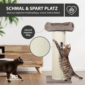 Beiger Sisal-Kratzbaum mit Kissen, getigerte Katze kratzt und schwarze Katze; Text: 'SCHMAL & SPART PLATZ'; robust & strapazierfähig.