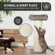 Beiger Sisal-Kratzbaum mit Kissen, getigerte Katze kratzt und schwarze Katze; Text: 'SCHMAL & SPART PLATZ'; robust & strapazierfähig.