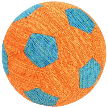 Helle orange- und blaue Hundespielzeugkugel mit einer strukturierten Oberfläche, die einem Fußball ähnelt, ideal für verspielte Haustiere.