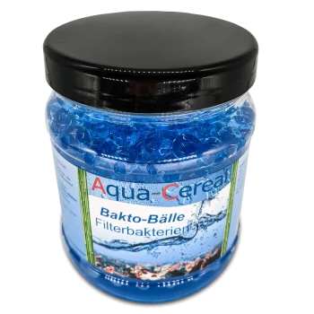 Ein klares Glas mit blauen Gelbällen, gekennzeichnet mit "Aqua-Cereal Bakto-Bälle Filterbakterien", entworfen für die Aquarienfiltration.