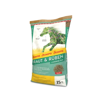 15 kg Sack Josera Kraut & Rüben Pferdefutter mit grün-gelbem Design, das eine Kräutersilhouette eines Pferdes zeigt. Getreidefrei, proteinreich.