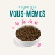Bol de nourriture pour animaux rempli de croquettes brunes, avec le texte 'voyez par VOUS-MÊMES' au-dessus et des accents roses ludiques autour.