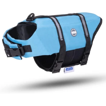 Blaue Hundeschwimmweste mit verstellbaren Riemen und einem Griff, mit einem runden Logo an der Seite.