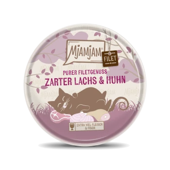 Katzenfutterdose mit einer schlafenden Katze-Illustration, gekennzeichnet mit "Mjamjam Purer Filetgenuss Zarter Lachs & Huhn," mit "Extra viel Fleisch & Fisch."