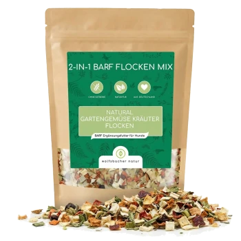 2-in-1 BARF-Flockenmischung für Hunde in einem wiederverschließbaren braunen Beutel, mit einem grünen Etikett, das "Natural Gartengemüse Kräuter Flocken" liest.