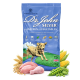 Blaue Tüte von Dr. John Silver Hundefutter mit Huhn, Gemüse, einer laufenden Hundillustration, 18% Protein, 6% Fett und Gesundheitsicons.