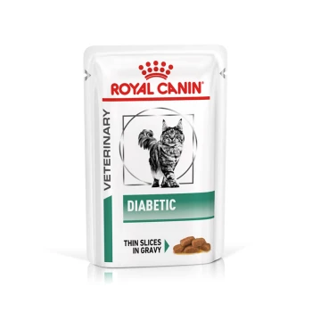 Veterinary Diabetic 12 x 85 g Pochette de nourriture pour chats Royal Canin Diabetic avec un chat tigré gris, étiquetée "DIABETIC" et "THIN SLICES IN GRAVY."