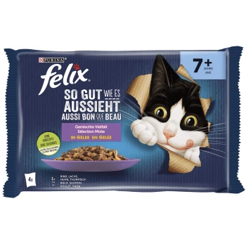 Senior Vielfalt Gelée12x85g Verpackung für Felix Katzenfutter mit einer verspielten schwarz-weißen Katze, die durch einen eingerissenen Abschnitt schaut, mit Text in Deutsch und Französisch.