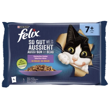 Verpackung für Felix Katzenfutter mit einer verspielten schwarz-weißen Katze, die durch einen eingerissenen Abschnitt schaut, mit Text in Deutsch und Französisch.