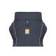 Eine Nahaufnahme einer dunkelgrauen Hundejacke mit einem Ruffwear-Logo und einer Hundedarstellung, die den strapazierfähigen Stoff und das Design hervorhebt.