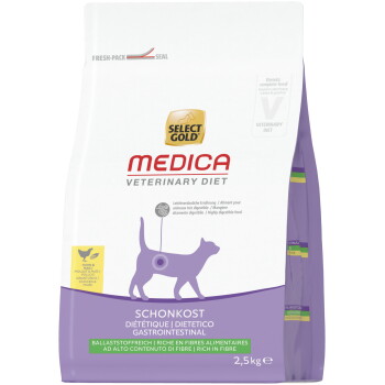Select Gold MEDICA Veterinary Diet Katzenfutter-Tüte mit lila Katzenmotiv, 'SCHONKOST' Magen-Darm-Kennzeichnung, 2,5 kg.