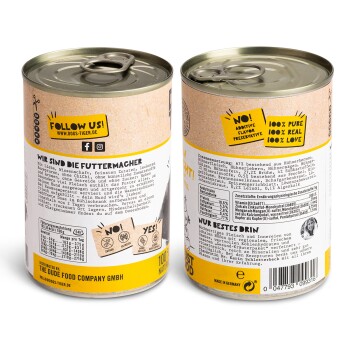 Zwei Dosen Hundefutter mit beigen und gelben Designs, die "100% Pure, 100% Real, 100% Love" und Zutatenangaben zeigen.