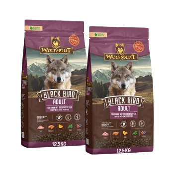 Zwei 12,5 kg Säcke Wolfsblut Black Bird Adult Hundefutter mit Truthahn und Süßkartoffeln, mit Wolfsbild.