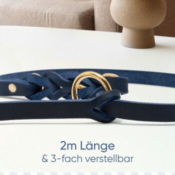 Marineblaue Haustierleine mit einem goldenen Ring, mit einem geflochtenen Design, 2 m Länge und in drei Größen verstellbar.