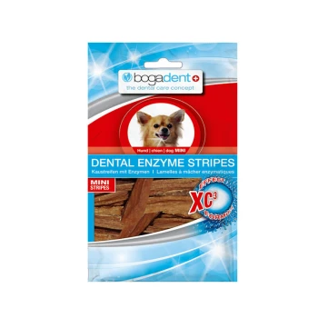 Zahn-Enzymstreifen für Hunde, mit einem lächelnden Chihuahua auf der Verpackung, gekennzeichnet mit 'MINI STRIPES' und 'XC³ EFFECT FORMULA.'