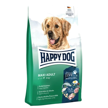 Hundefutterbeutel mit der Aufschrift "Happy Dog Maxi Adult" und einem Gewicht von 26 kg, mit einem Golden Retriever und Text über große Kroketten und Gelenkunterstützung.