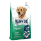 Hundefutterbeutel mit der Aufschrift "Happy Dog Maxi Adult" und einem Gewicht von 26 kg, mit einem Golden Retriever und Text über große Kroketten und Gelenkunterstützung.