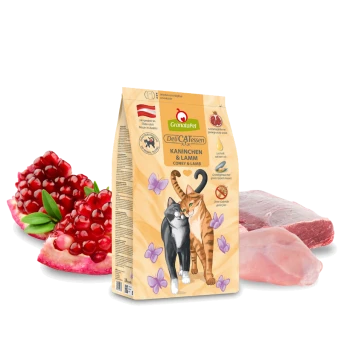Eine Tüte GranataPet DeliCATessen Katzenfutter mit einem schwarz-orangefarbenen Katzendesign, beschriftet "Kaninchen & Lamm," mit Granatapfelkernen und Fleisch.