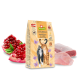 Eine Tüte GranataPet DeliCATessen Katzenfutter mit einem schwarz-orangefarbenen Katzendesign, beschriftet "Kaninchen & Lamm," mit Granatapfelkernen und Fleisch.