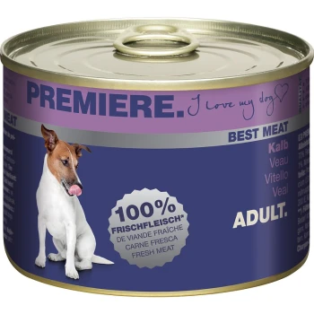 Best Meat Adult Kalb 12x185 g Dosen-Hundefutter mit der Aufschrift "Premiere", das einen Hund zeigt, der sich die Lippen leckt, mit dem Text "100% Frischfleisch" und "Erwachsene."