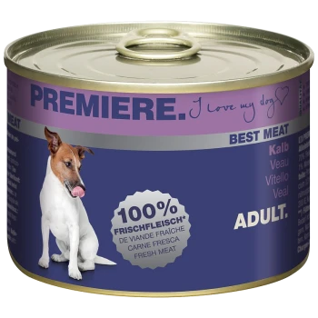 Nourriture pour chien en conserve étiquetée "Premiere" avec un chien se léchant les lèvres, avec le texte indiquant "100% Frischfleisch" et "Adult."