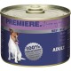 Dosen-Hundefutter mit der Aufschrift "Premiere", das einen Hund zeigt, der sich die Lippen leckt, mit dem Text "100% Frischfleisch" und "Erwachsene."